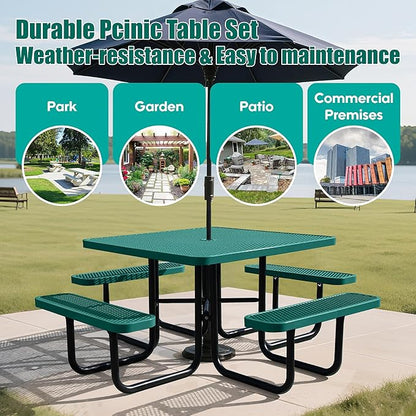 8-Person Picnic Tables for Outdoors, Industrial 46" Expanded Metal Square Picnic Table with 4 Benches & Umbrella Hole, Outside Table and Bench Set for Garden, Backyard, Porch, Patio, Green