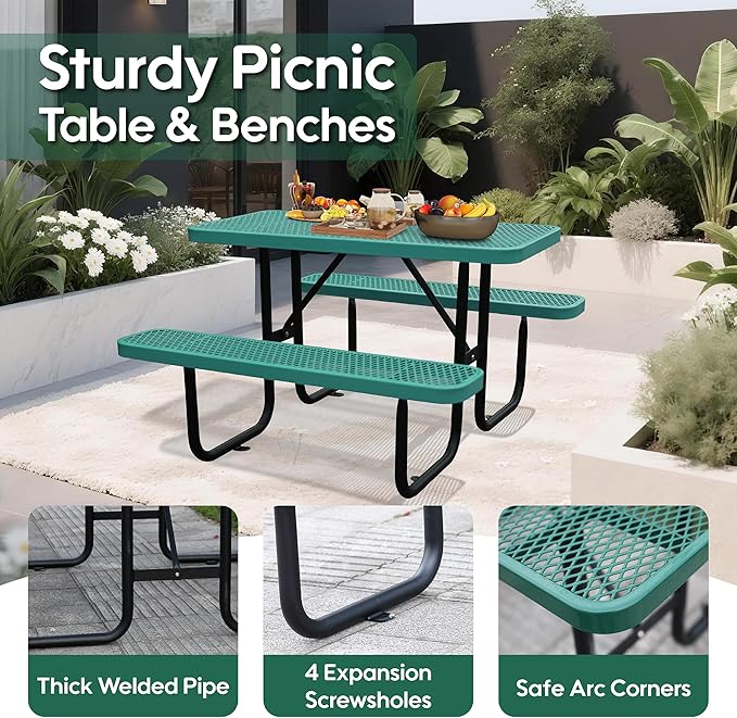 4FT Outdoor Picnic Tables,Heavy-Duty Metal Rectangular Picnic Table,Expanded Metal Commercial-Grade Table with 2 Benches & Umbrella Hole,Waterproof Coating Beach Table for Patio,Garden, Backyard