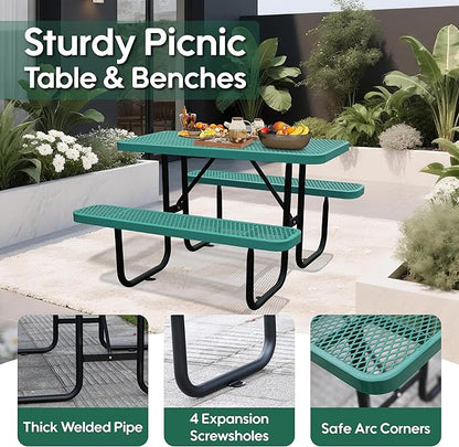 4FT Outdoor Picnic Tables,Heavy-Duty Metal Rectangular Picnic Table,Expanded Metal Commercial-Grade Table with 2 Benches & Umbrella Hole,Waterproof Coating Beach Table for Patio,Garden, Backyard