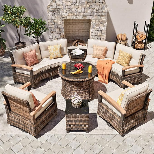 MEISSALIVVE 9 Piece Outdoor Patio Furniture Set, Half-Moon Curved Sectional Sofa Rattan Conversation Set with 2 Wood Armrests Swivel Rocker Chairs, Round Coffee Table & Side Table（Brown）