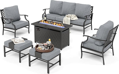 HERA'S HOUSE 6 Pieces Patio Furniture Set with Fire Pit Table, 2 x Single Chair, 2 x Ottoman, 3-Seat Sofa with 45" Fire Pit Table, Outdoor Conversation Set for Garden Poolside Backyard, Grey