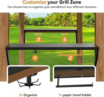 Modern Shade Grill Gazebo 6' X 8', Cedar Wood Gazebo with Shelves and Paper Towel Holder, Patio Pavilion with Galvanized Steel Roof, USB and USB-C Charging Ports for Patio Backyard