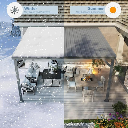 Domi 10’x12’ Wall-Mounted Hardtop Gazebo Pergola – Permanent Lean-to Outdoor Shelter with Sloped Galvanized Steel Roof & Upgraded Drainage – Grey Metal Patio Cover for Backyard, Deck, Garden