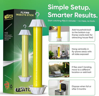 Sticky Fly Trap Indoor & Outdoor | Hanging Fly Stick for Gnats, Flies, Wasps, Mosquitoes & Other Flying Bugs | Sticky Bug Traps | Home Pest Control | Flying Insect Trap Rolls - 4-Pack | Ucatch