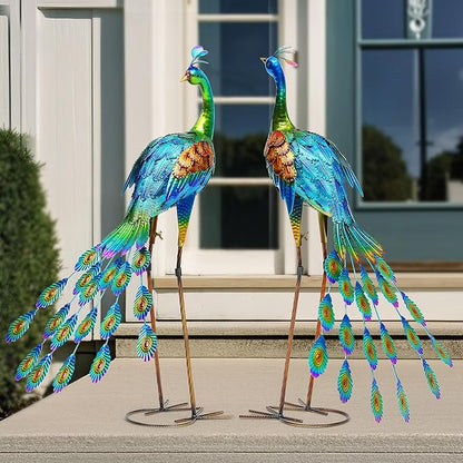 32" Tall Metal Peacock Garden Statue, Handmade Oversized Couple Peacock Sculptures with Anchor Ground Stakes, Iron Ornament Yard Art Decor for Garden, Patio, Entryway Porch, or Home Space.