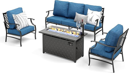 Patio Furniture Set, 4 Pcs Metal Outdoor Conversation Set, 2 Single Chairs and 3 Seater Sofa with 5.75" Extra Thick Cushion and Gas Fire Pit Table for Backyard Deck, Gemstone Blue