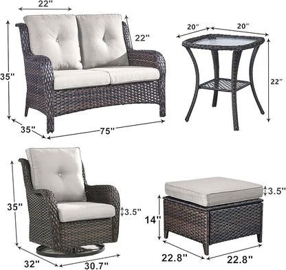 Outdoor Wicker Patio Furniture Set - 6 Piece Rattan Patio Conversation Set with 2 Rocking Swivel Chairs,2 Ottomans,1 Loveseat and 1 Side Table for Porch Deck Backyard Garden(Brown/Beige)