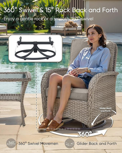 Outdoor Furniture-8 Piece Wicker Patio Furniture Set with Patio Swivel Chair Wicker Rattan Couch with Outdoor Rocking Chair Patio Conversation Set for Deck Lawn Porch Balcony Poolside-Grey/Grey