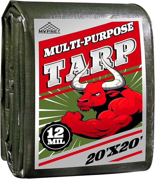 Green/Silver Heavy Duty Waterproof Tarp 20x20FT, 12mil Thick，Multifunctional tarp Whit Tear&Fade Resistant,UV Resistant,with Grommets and Reinforced Edges.
