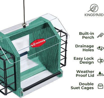 Kingsyard Hopper Bird Feeder for Outdoors Hanging, Recycled Plastic Double Suet Feeder with Clear View Windows, 3 LBS Seed, Cardinal Woodpecker Bluebird Feeder, Green