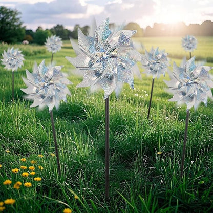 winemana 12 Pcs Reflective Pinwheels Outdoor, Wind Spinners for Yard & Garden, Sparkly Bird Repellent Windmill Scare Birds Away, Deterrent Devices for Outside Patio Lawn Spring Decor (Silver)