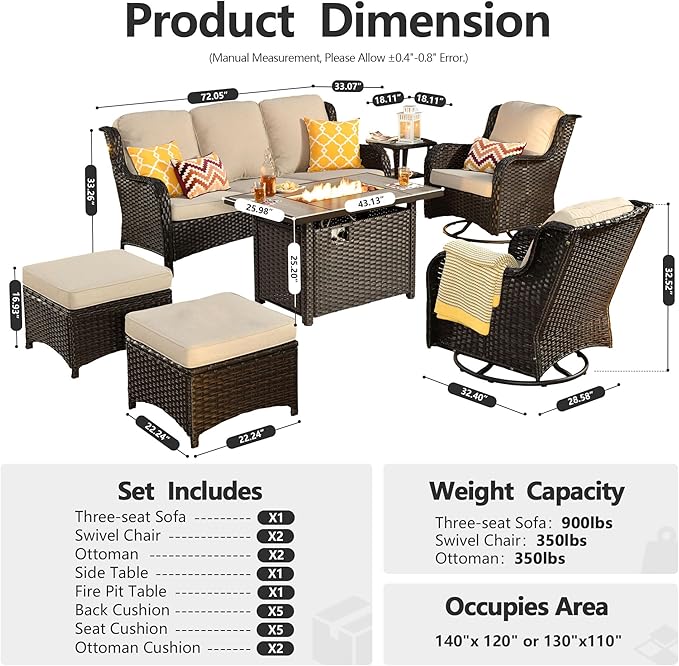 HOOOWOOO Patio Furniture Set,7 Piece Outdoor Furniture Set with Fire Pit Table,Wicker Patio Conversation Couch Swivel Chairs Ottoman Set,Beige