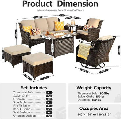 HOOOWOOO Patio Furniture Set,7 Piece Outdoor Furniture Set with Fire Pit Table,Wicker Patio Conversation Couch Swivel Chairs Ottoman Set,Beige