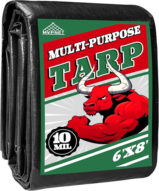 Tarp 6x8 ft Heavy Duty 100% Waterproof 10mil,UV Resistant,Durable Grommets and Reinforced Edges Green/Black Tarp for Camping, Swimming Pools,Car Coverage -by MVPNET