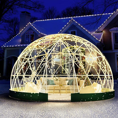 12FT Garden Dome Tent, Geodesic Dome Greenhouse with PVC Clear Cover, Waterproof Garden Bubble Dome Tent House with 2 x 10M Light Strings for Outdoor, Patio, Backyard, Party (Green Edge, 10FT/3M)