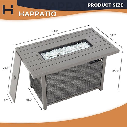 Fire Pit Table, HAPPATIO 42inch 50000 BTU Propane Fire Pit with Mental Fence Table Top, Lid, Black Glass Rock, CSA Safety Certified for Patio Balcony Backyard (Gray)