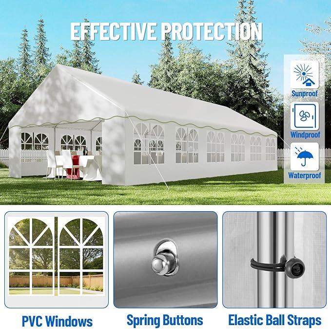 20'X40' Party Tent with Removable Sidewall Windows, Outdoor Heavy Duty Wedding Gazebo, Event Shelter Wedding Canopy Tent for Parties Carport BBQ, White & Wave Edge