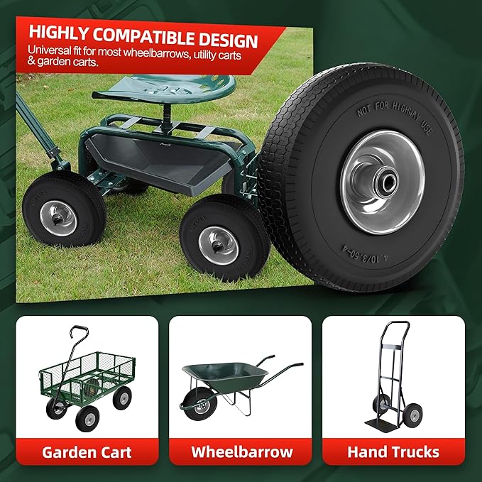 4.10/3.50-4 Tire and Wheel Flat Free,10-Inch Solid Wheel Replacement with 5/8 Extra 3/4 &1/2 Bearings,2.2" Offset Hub -Compatible with Hand Truck,Wheelbarrow,Dolly(Wave,Gray)