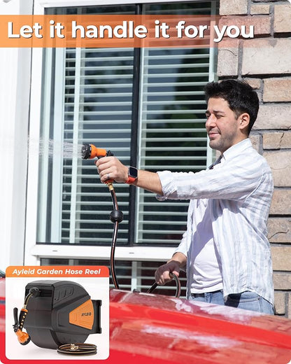 Ayleid Retractable Garden Hose Reel,1/2 in x 100 ft Wall Mounted Hose Reel, with 9- Function Sprayer Nozzle, Any Length Lock/Slow Return System/Wall Mounted/180°Swivel Bracket (Black)