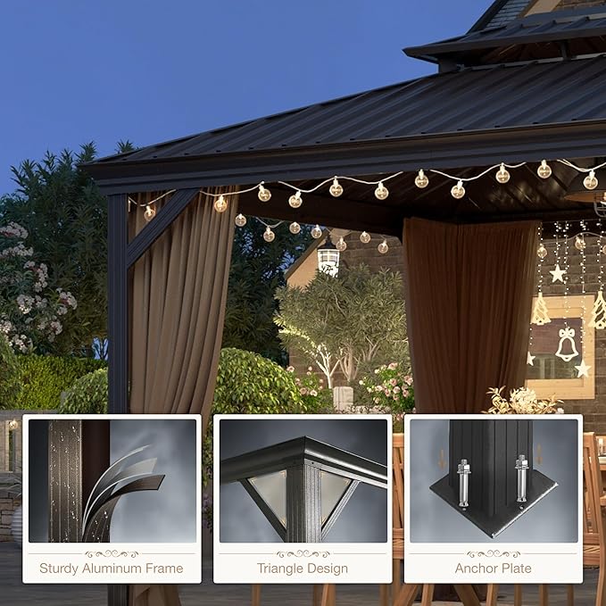 10'x12' Hardtop Aluminum Gazebo, Permanent Outdoor Canopy with Galvanized Steel Double Roof Heavy Duty Pavilion with Curtains and Netting for Garden Patio Lawn Deck