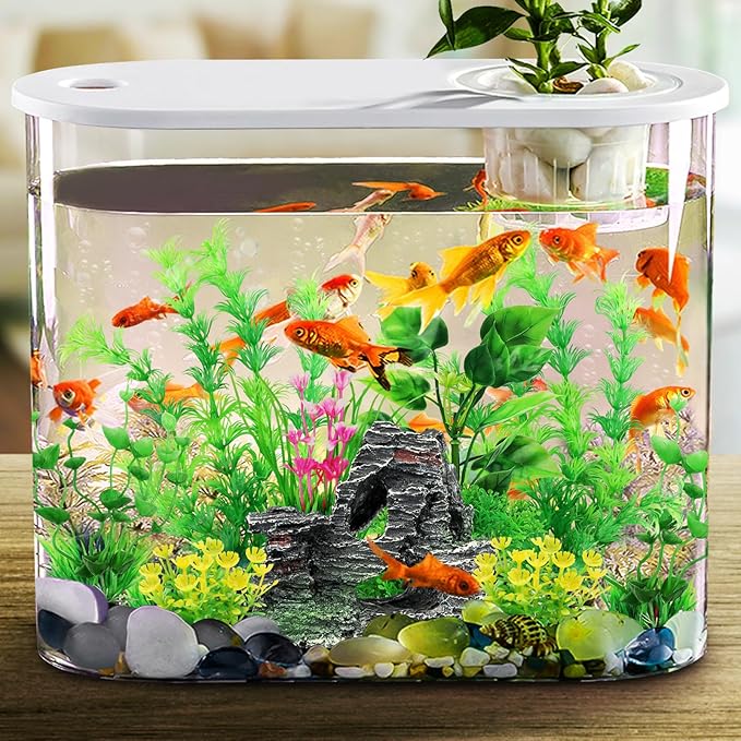 Fish Tank Accessories Artificial Plants, 9pcs Green Aquarium Decorations Plants and Cave Rock Decor Set, Aquarium Decor Plastic Plants