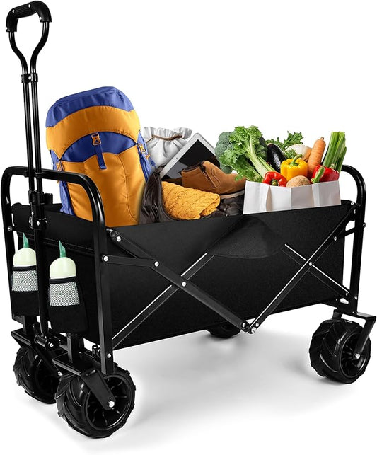 Beach Cart with 7 inch All-Terrain Wheels, Wagons Carts Heavy Duty Foldable, Utility Grocery Wagon with Side Pocket for Camping Garden Sports