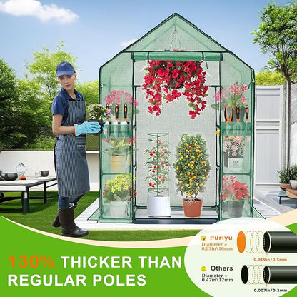 Walk-in Greenhouse 3 Tiers 6 Shelves Roll-Up Zipper Door -28x56x76 inch PE Greenhouse Cover for Outdoor Plant Gardening Plants Cold Frost Protection Wind Rain Proof(PLGHW001G-N)