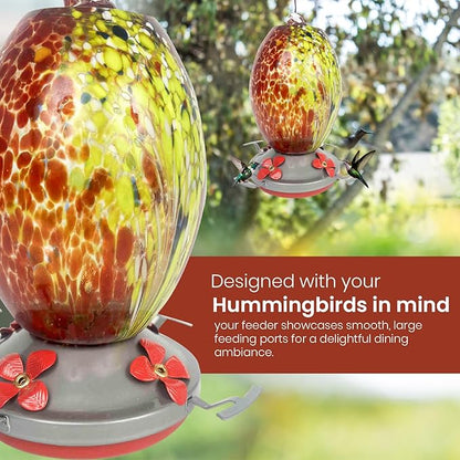 Nature Gear Hummingbird Feeder, Hanging-Mount Glass Hummingbird Feeders for Outdoors, Hand-Blown Glass Feeder with Ant Moat for Garden Hummingbirds, Easy to Clean & Rust Resistant, Volcano Red