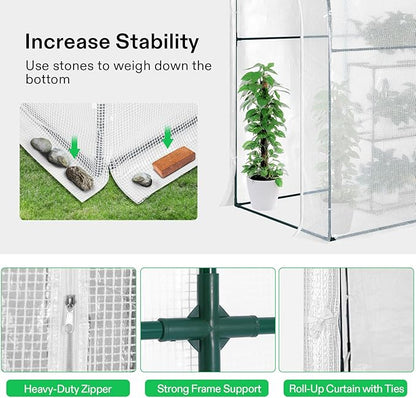 VIVOSUN Mini Lean-to Greenhouse, 6.6’ x 3.3’ x 6.9’ Portable Wall House with White PE Cover and Shelf for Compact Garden 79x39x83-Inch