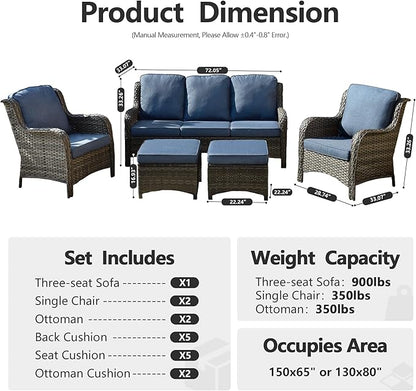 HOOOWOOO Patio Furniture Set,5 Piece Outdoor Furniture Set,Wicker Patio Conversation Couch Chairs Ottoman Set,Denim Blue