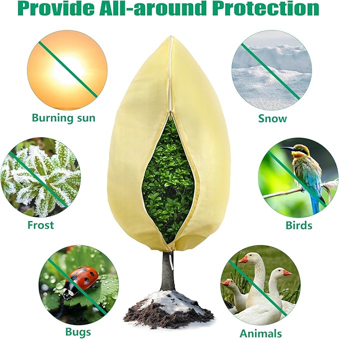 Plant Covers Freeze Protection, 1 Pack 78''× 95'' Beige Frost Cloths Blankets with Zipper Drawstring Shrub Tree Covers for Winter Outdoor Plants Freeze Protection