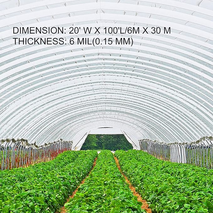 VEVOR Greenhouse Plastic Sheeting 20 x 100 ft, 6 Mil Thickness UV Resistant Clear Polyethylene Film, Hoop Green House Cover for Farms, Agriculture, Garden