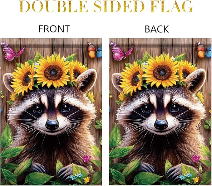 Summer Spring Garden Flag 12x18 Inch Double Sided Cute Raccoon Sunflower Crown Summer Yard Decoration Outdoor Rustic Banner for Porch Lawn Butterfly Floral Farmhouse Seasonal Decor
