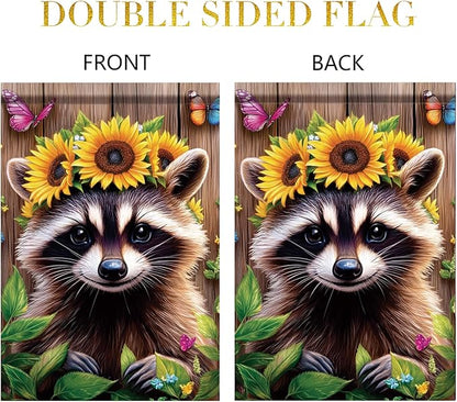 Summer Spring Garden Flag 12x18 Inch Double Sided Cute Raccoon Sunflower Crown Summer Yard Decoration Outdoor Rustic Banner for Porch Lawn Butterfly Floral Farmhouse Seasonal Decor