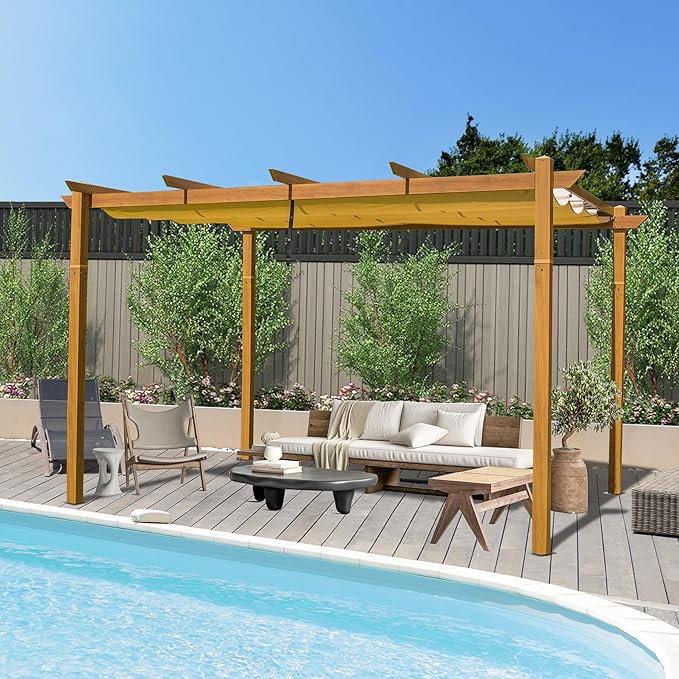Domi 9’ x 13’ Outdoor Retractable Pergola Against The Wall with Weather-Resistant Canopy Aluminum Garden Pergola Patio Grill Gazebo for Courtyard(Teak Coated)