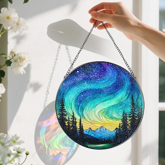 Stained Glass Window Hanging - 8 Inch Northern Lights Suncatcher for Window Doors Home Decoration, Valentine's Day Mother's Day Christmas Birthday Gifts for Women, Men, and Mom Grandma