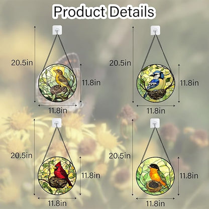 Stained Glass Window Hanging 4 Pcs Set Bird Theme On Branch Large 11.8" - Cardinal Suncatcher Door Garden Sun Catcher Decor Birthday Christmas for Mom Woman Nana Men