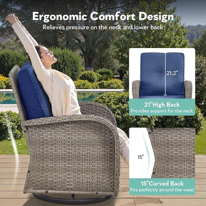 5 Piece Patio Furniture Set with Fire Pit Table - Wicker Patio Conversation Set with Swivel Glider, 3-Seat Sofa, Tempered Glass Side Table for Deck Backyard - Grey Wicker Blue Cushion