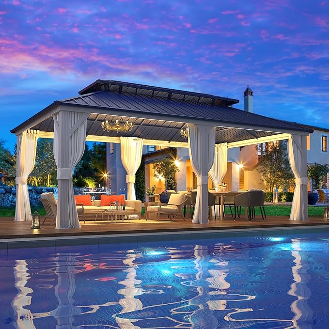EROMMY 12'x20' Gazebo Hardtop, Galvanized Steel Double Roof Metal Gazebo with Aluminum Frame, Permanent Outdoor Pavilion with Curtain and Netting for Patio Lawn and Garden, Blue