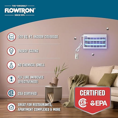 Flowtron Portable Indoor Fly Trap| Electric Insect Killer for Flies & Gnats with Dual Lure Method 30W UV Light & Pheromone Attractant | Sticky Strips, 500 Sq Ft for House & Restaurants