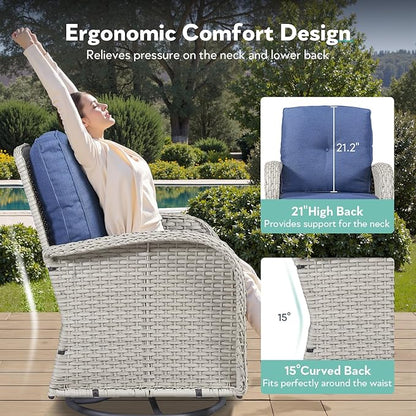 Outdoor Swivel Glider Rocker Chairs - 3 Piece Wicker Patio Furniture Set, All Weather Patio Bistro Set with Glass Side Table for Balcony Porch Deck Backyard - Light Beige Wicker Blue Cushion