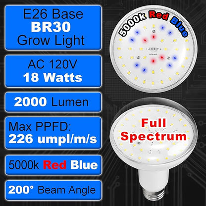 BR30 Grow Light Bulbs 18W 2000lm Full Spectrum Plant Happy Light Bulb 200W Equivalent E26 Base Balanced Spectrum 5000K Red Blue Grow Bulb for Indoor Plants Hydroponic Greenhouse Garden, 1 Pack