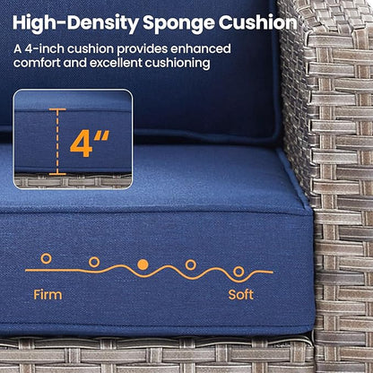 Patio Furniture Set, 6 Pieces Outdoor Wicker Rattan Sofa Couch with Swivel Rocking Chair, Side Table, Ottoman and Comfy Cushions, All Weather Patio Conversation Sets, Suit for Porch