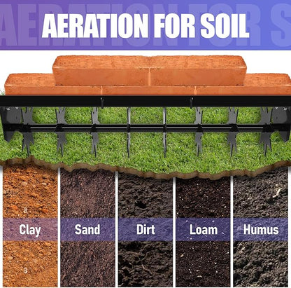 Manual Lawn Aerator Tow Behind, 32" Heavy Duty Core Aerator Lawn Tool for Effective Soil Aeration, Plug Aerator with Universal Hitch, Rolling Lawn Aerator, Black
