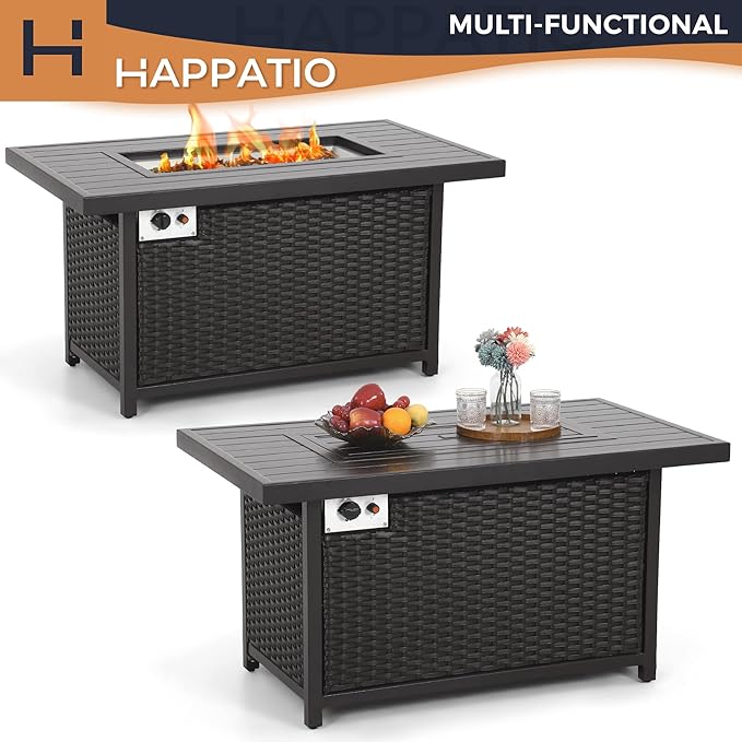 HAPPATIO Propane Fire Pit Table - 48 inch 50,000 BTU Aluminum Outdoor Patio Fire Pit,Wicker & Aluminum Rectangular Propane Gas Fire Pit, Clear Glass Rock and Tabletop Lid, Black PE Rattan(Brown)