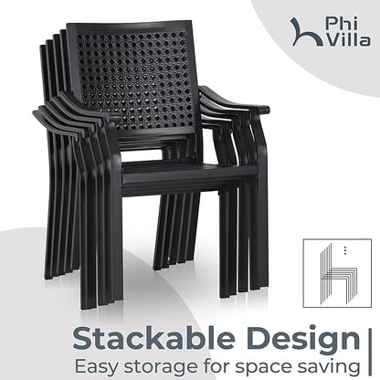 PHI VILLA 7 Pieces Outdoor Round Dining Set for 6, Large Wrought Iron Dining Table with Umbrella Hole & Stackable Metal Chairs, Dining Furniture Set for Patio, Deck, Yard, Porch