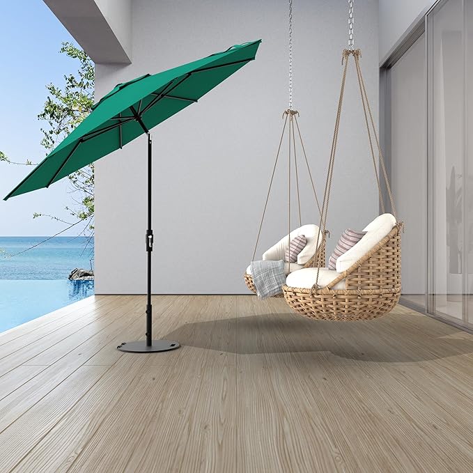 Midtown Umbrellas The Swilt 9 Feet Patio Umbrella in Sunbrella Canvas Teal Acrylic Fabric - Fiberglass Ribs, Auto-Tilt Aluminum Frame For Backyard, Deck, Garden, Pool - White Pole