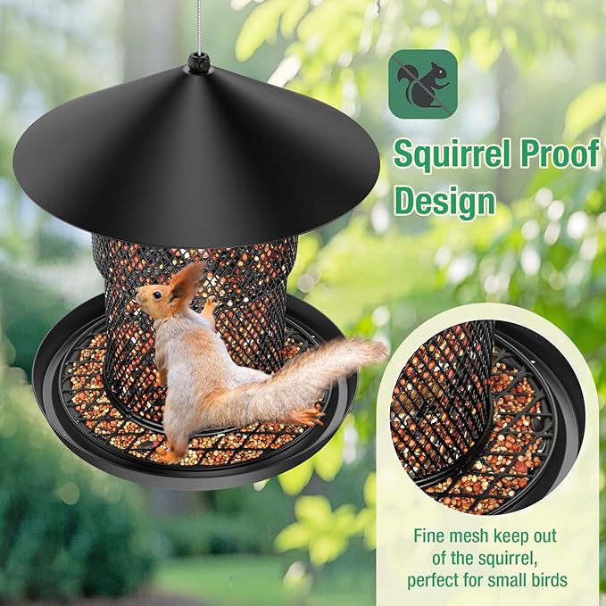 Bird Feeder for Outdoor Hanging, No Mess No Spill - Birdfeeder for Outdoor, Squirrel Proof Bird Feeder w/Catch Tray - Large Capacity All-Metal for Outside Hanging