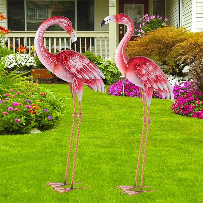 Natelf Pink Flamingo Yard Decorations, Metal Garden Statues and Sculptures, Standing Bird Lawn Ornaments for Patio Backyard Pond Decorations Set of 2