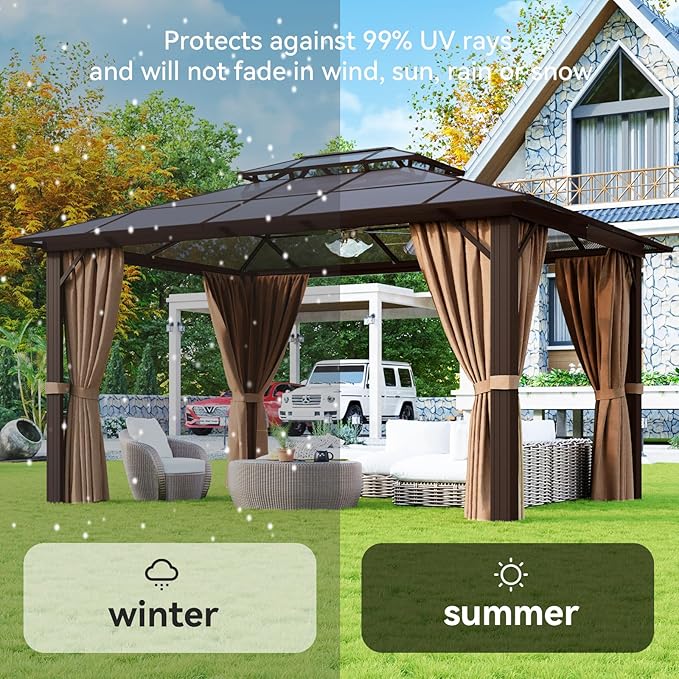 Aoxun 10'x13' Hardtop Gazebo, Aluminum Frame Permanent Pavilion with Curtains and Netting, Outdoor Polycarbonate Gazebo, Double Roof Canopy, for Gardens, Patios, Lawns